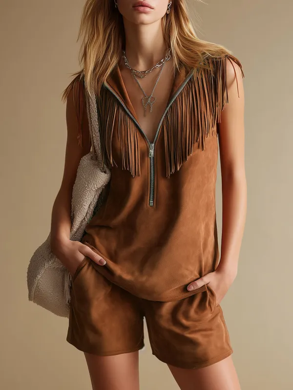 Western-style Vintage Stand-collar Zippered Sleeveless Faux Suede Top And Shorts Set made by Oyrosy