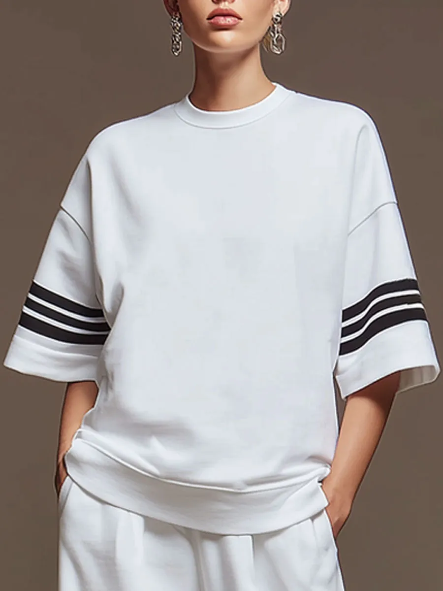 Casual Sporty Retro Striped White Cotton Short-Sleeve T-Shirt And Wide-Leg Pants Set sold by Oyrosy product image thumbnail 3