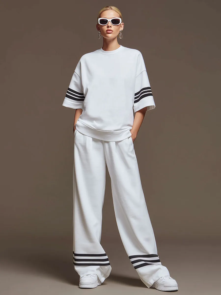 Casual Sporty Retro Striped White Cotton Short-Sleeve T-Shirt And Wide-Leg Pants Set sold by Oyrosy product image thumbnail 2