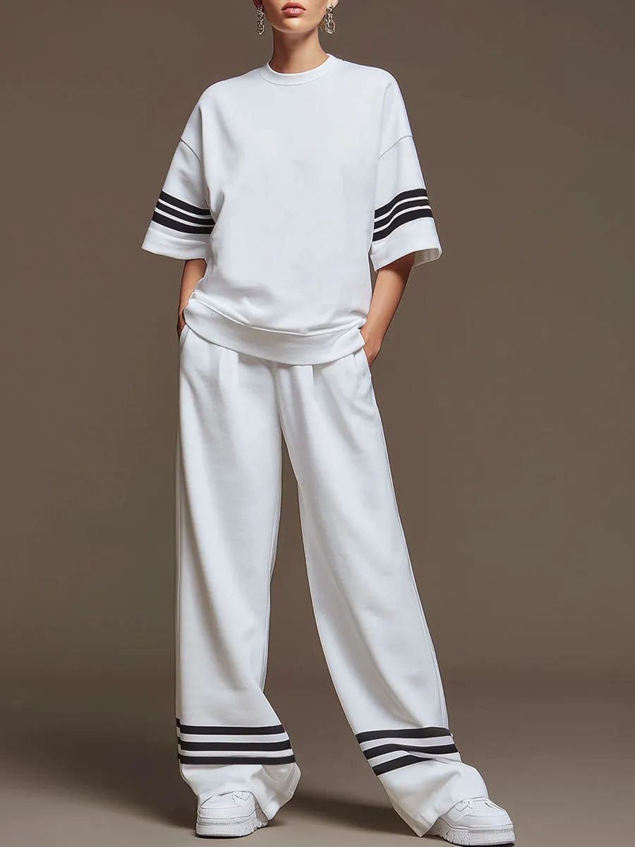 Casual Sporty Retro Striped White Cotton Short-Sleeve T-Shirt And Wide-Leg Pants Set sold by Oyrosy