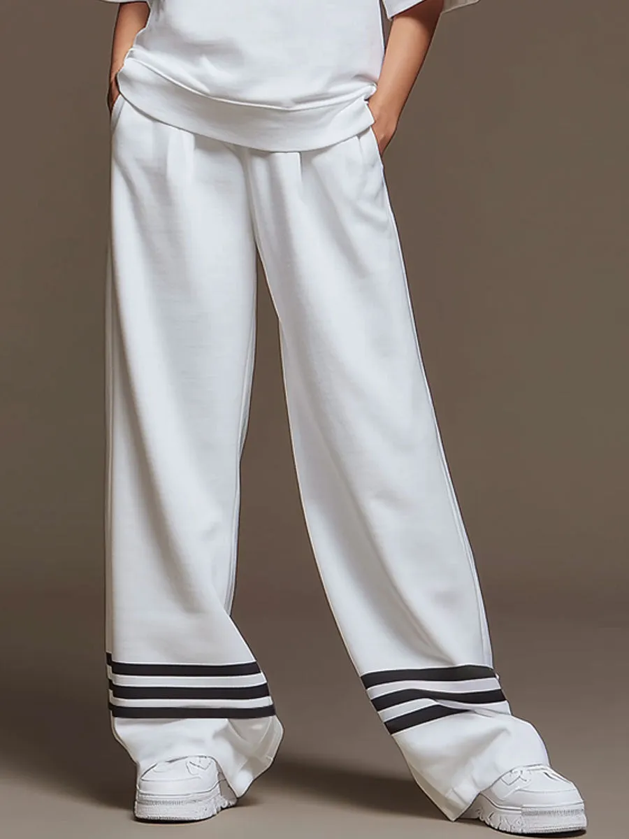 Casual Sporty Retro Striped White Cotton Short-Sleeve T-Shirt And Wide-Leg Pants Set sold by Oyrosy product image thumbnail 4