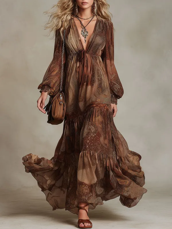 Western Retro Paisley Pattern Brown V-Neck Chiffon Maxi Dress sold by Oyrosy