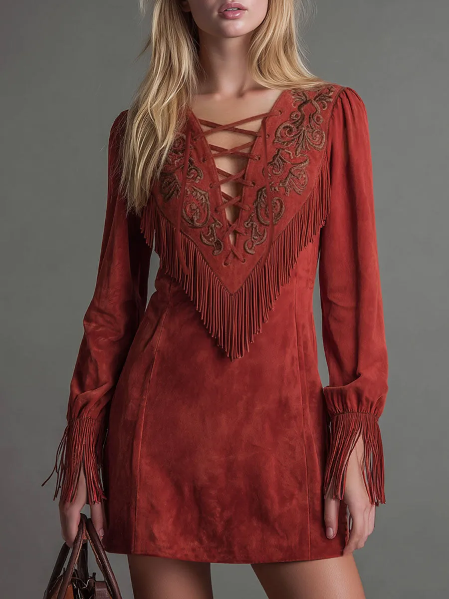 Western-style Tie-up Design Embroidered Fringed Faux Suede Long-sleeved Mini Dress sold by Oyrosy