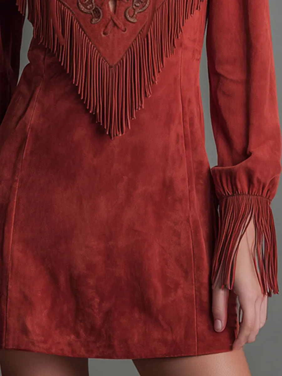 Western-style Tie-up Design Embroidered Fringed Faux Suede Long-sleeved Mini Dress sold by Oyrosy product image thumbnail 3