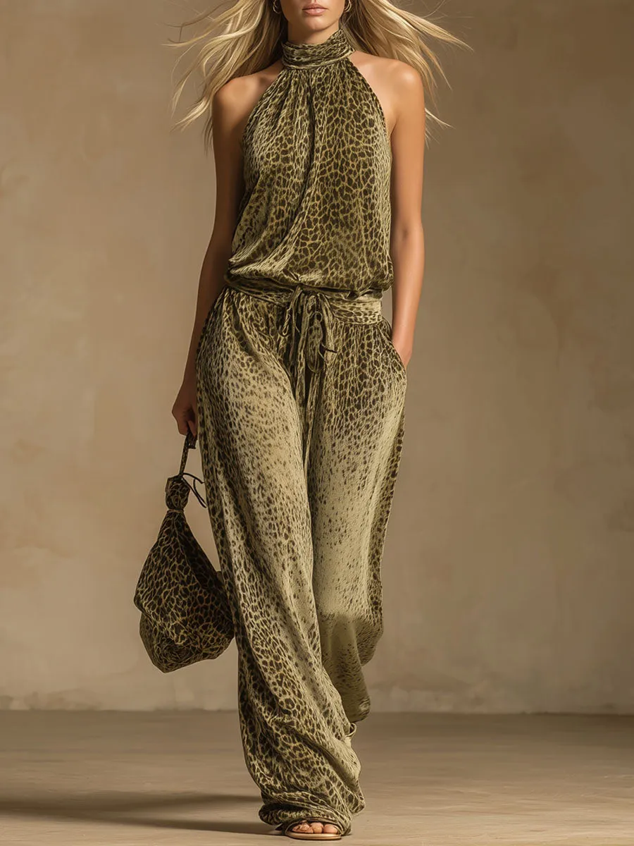 Leopard Print Sleeveless Top And Velvet Trousers Set sold by Oyrosy
