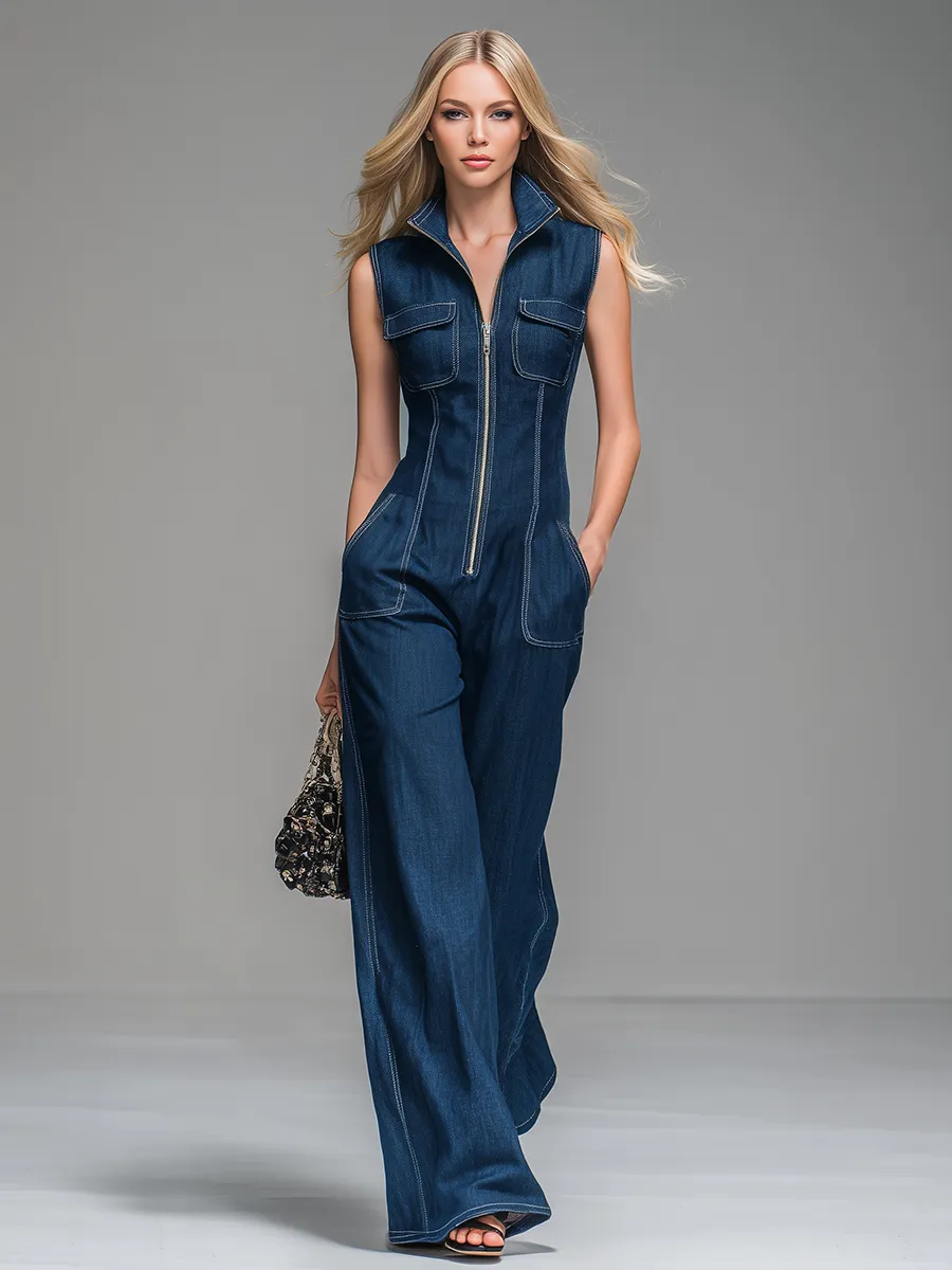 Fashionable Retro Stand-up Collar Zipper Sleeveless Jumpsuit sold by Oyrosy product image thumbnail 2