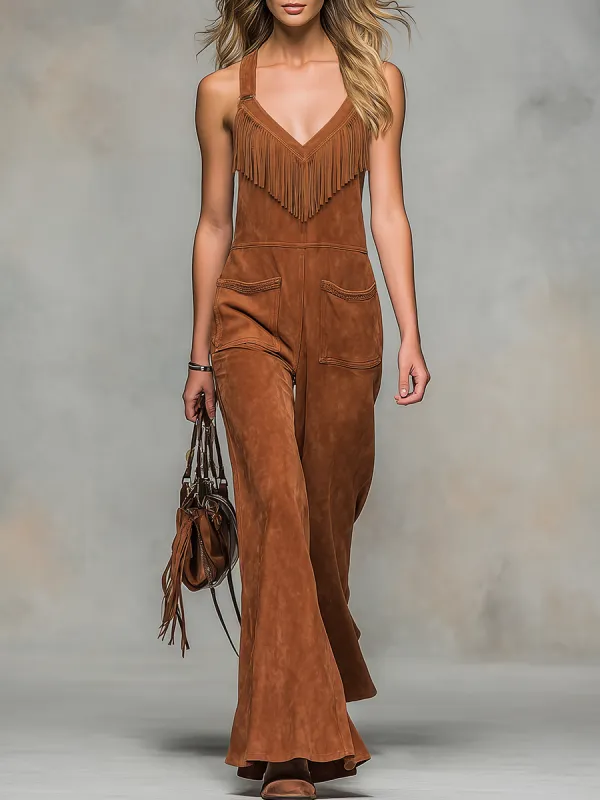 Vintage-style V-neck Sleeveless Fringed Faux Suede Jumpsuit made by Oyrosy