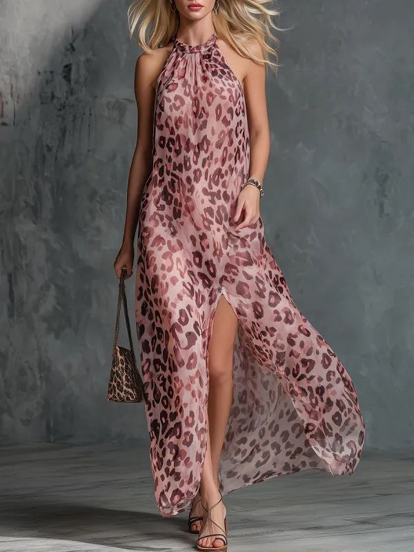 Elegant And Stylish Halter-neck Sleeveless Leopard Print Chiffon Maxi Dress sold by Oyrosy