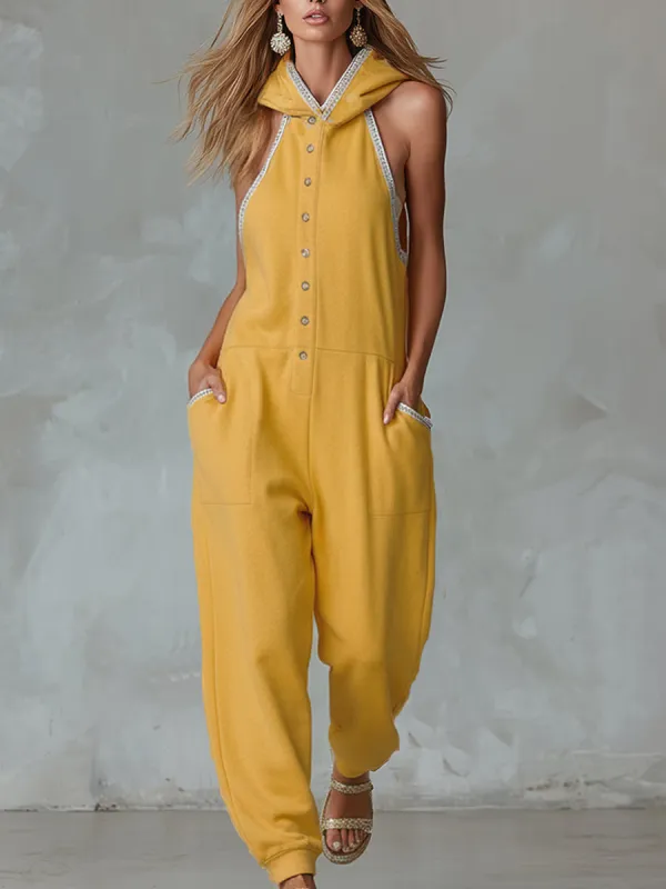 Stylish And Sporty Lace-trimmed Yellow Hooded Cotton Sleeveless Jumpsuit sold by Oyrosy