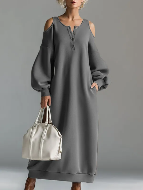 Elegant Urban Sporty Grey Cotton Off-the-shoulder Long-sleeved Maxi Dress sold by Oyrosy
