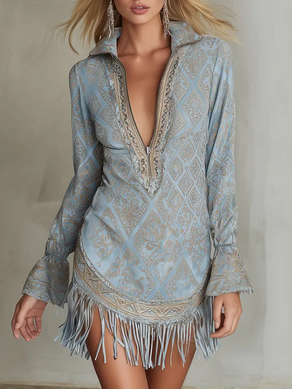 Retro Light Blue Damask Print Faux Suede Half-zip Mini Dress sold by Oyrosy