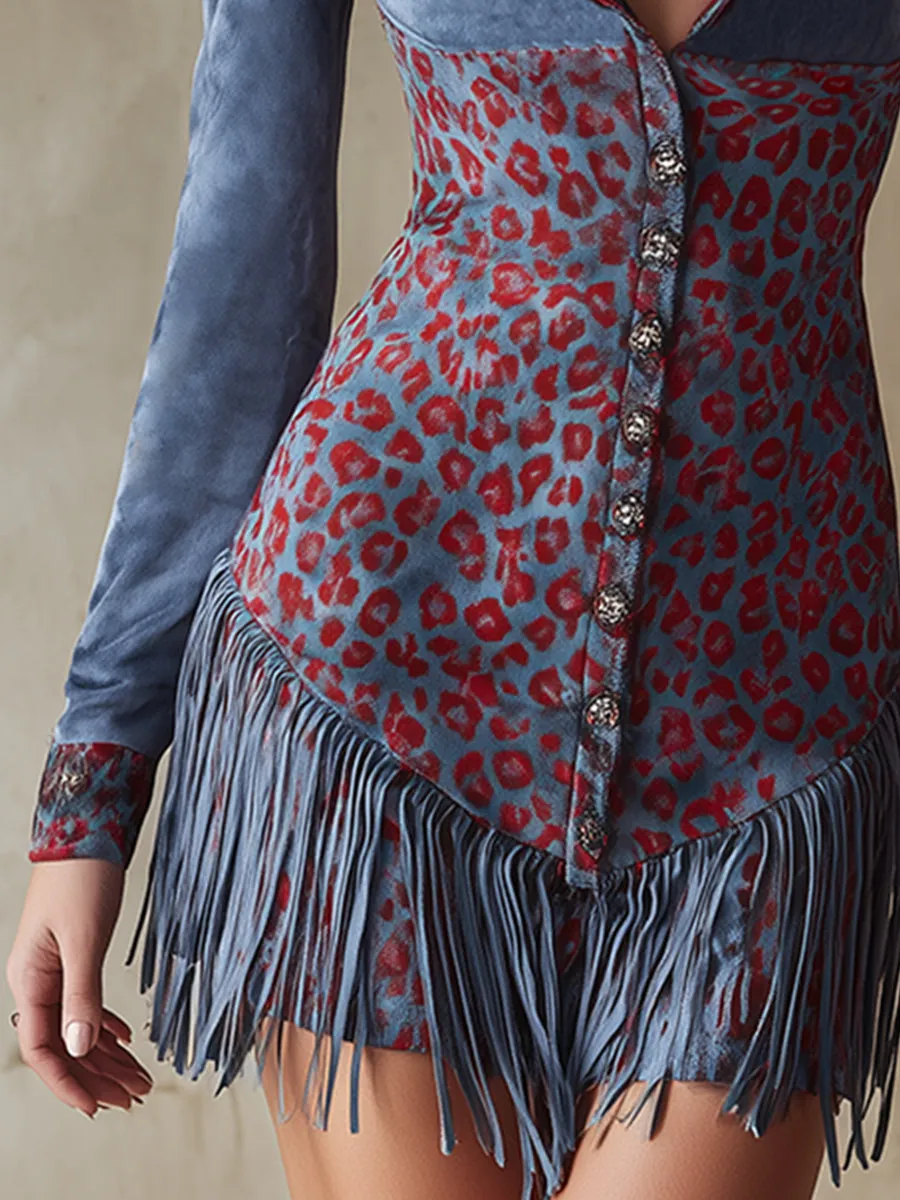 Retro And Stylish Color-blocked Leopard Print Blue Faux Suede Mini Dress sold by Oyrosy product image thumbnail 4