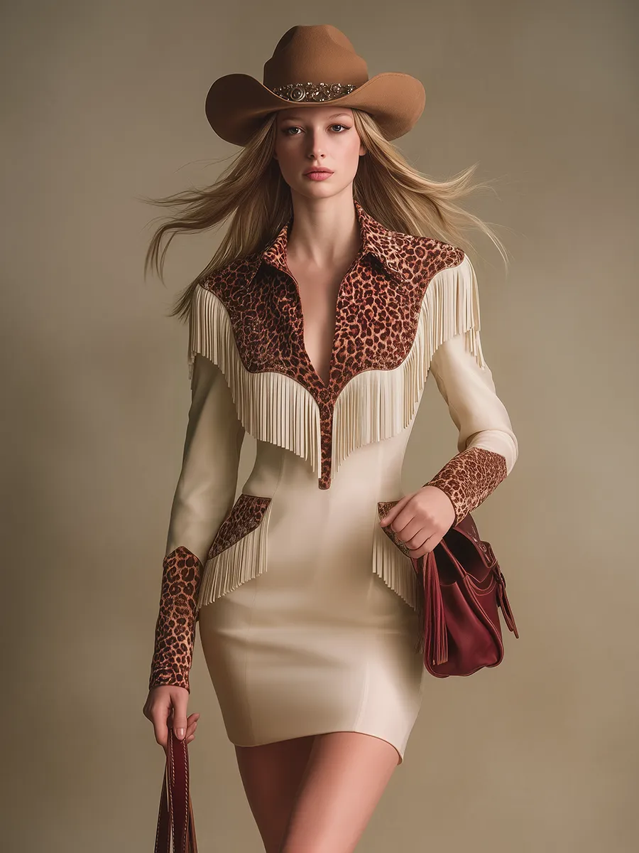 Western-style Lapel Leopard Print Patchwork Fringed Faux Suede Mini Dress sold by Oyrosy product image thumbnail 2