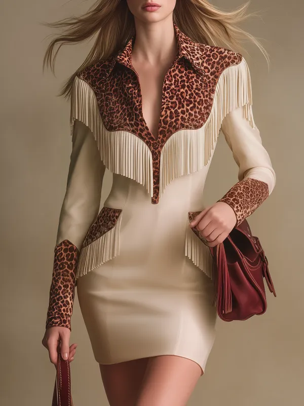 Western-style Lapel Leopard Print Patchwork Fringed Faux Suede Mini Dress sold by Oyrosy
