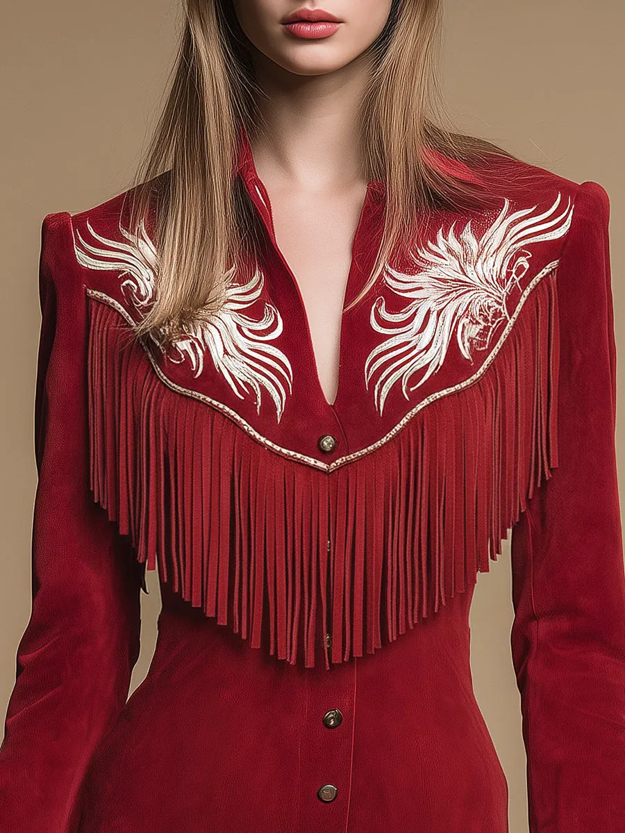 Western-style Retro Embroidered Fringed Lapel Faux Suede Mini Dress sold by Oyrosy product image thumbnail 3