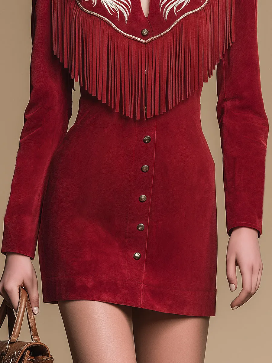 Western-style Retro Embroidered Fringed Lapel Faux Suede Mini Dress sold by Oyrosy product image thumbnail 4