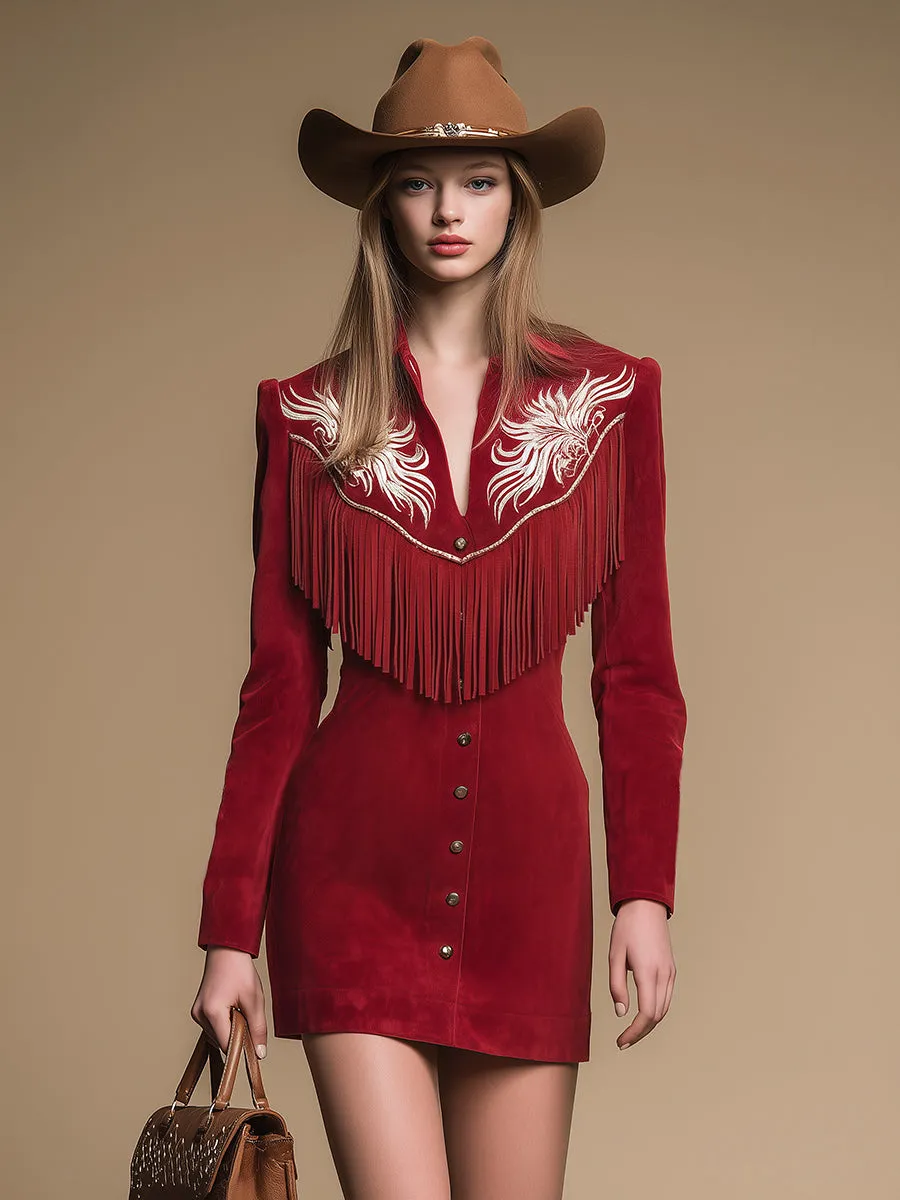 Western-style Retro Embroidered Fringed Lapel Faux Suede Mini Dress sold by Oyrosy product image thumbnail 2