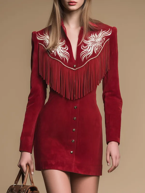 Western-style Retro Embroidered Fringed Lapel Faux Suede Mini Dress sold by Oyrosy