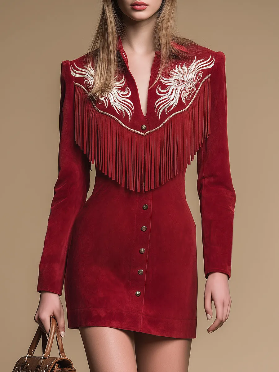 Western-style Retro Embroidered Fringed Lapel Faux Suede Mini Dress sold by Oyrosy