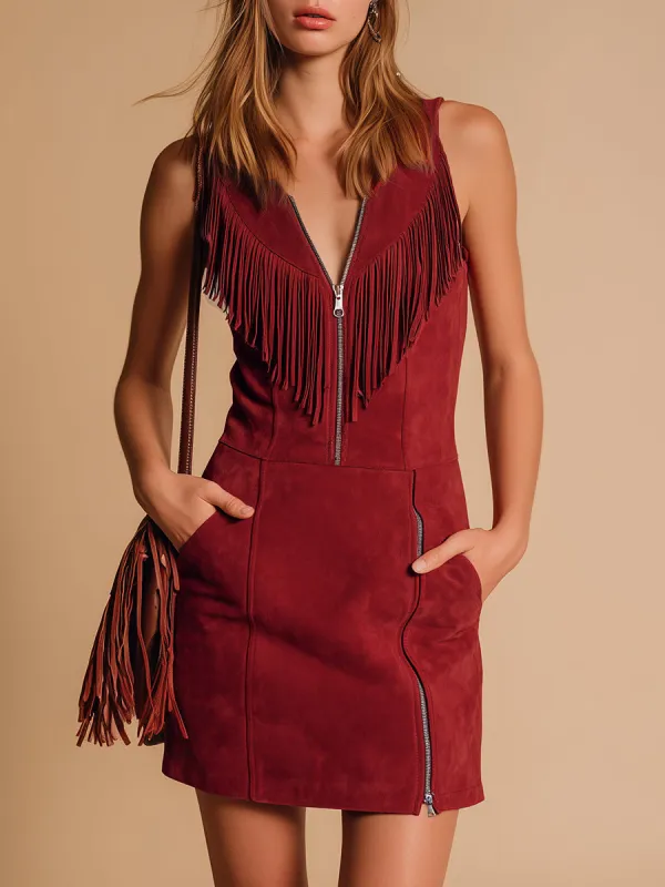 Retro Western-style Zippered Fringed Sleeveless Faux Suede Mini Dress sold by Oyrosy