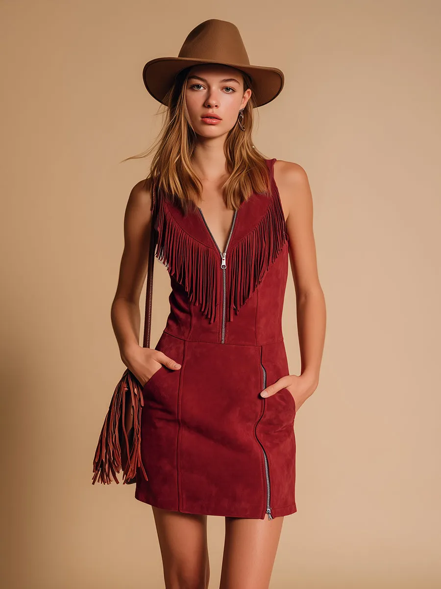 Retro Western-style Zippered Fringed Sleeveless Faux Suede Mini Dress sold by Oyrosy product image thumbnail 2