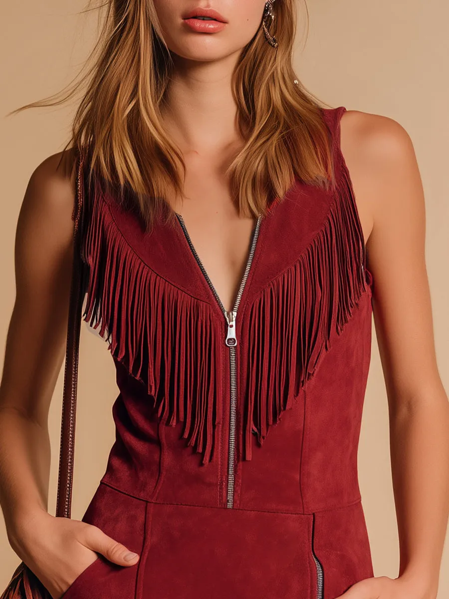 Retro Western-style Zippered Fringed Sleeveless Faux Suede Mini Dress sold by Oyrosy product image thumbnail 3