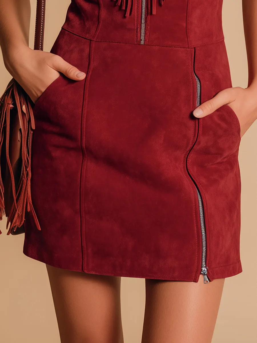 Retro Western-style Zippered Fringed Sleeveless Faux Suede Mini Dress sold by Oyrosy product image thumbnail 4
