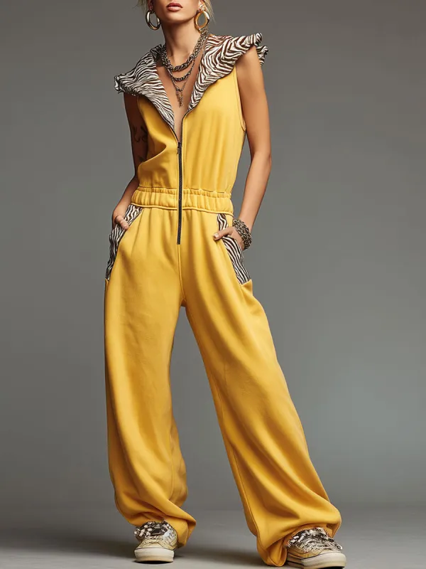 Sporty Retro Velvet Zebra Print Collar Yellow Cotton Blend Sleeveless Jumpsuit made by Oyrosy