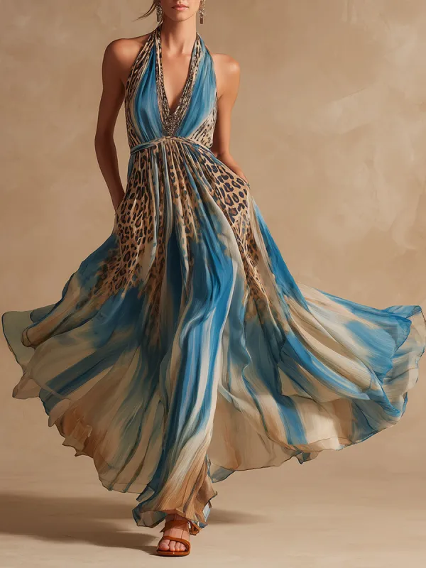 Vacation Retro Leopard Print Gradient Striped Chiffon Sleeveless Maxi Dress sold by Oyrosy