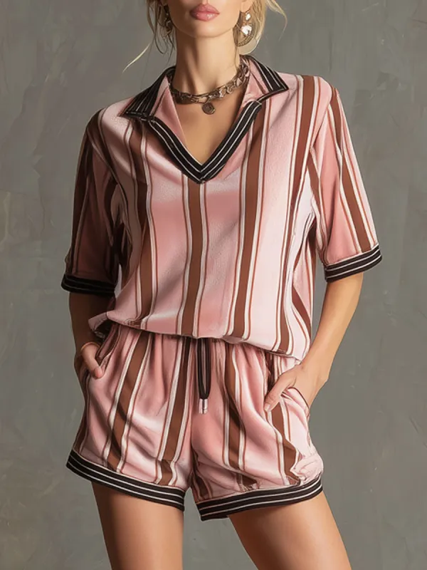Sporty Retro Pink And Brown Striped Velvet Short-Sleeve Top And Shorts Set made by Oyrosy