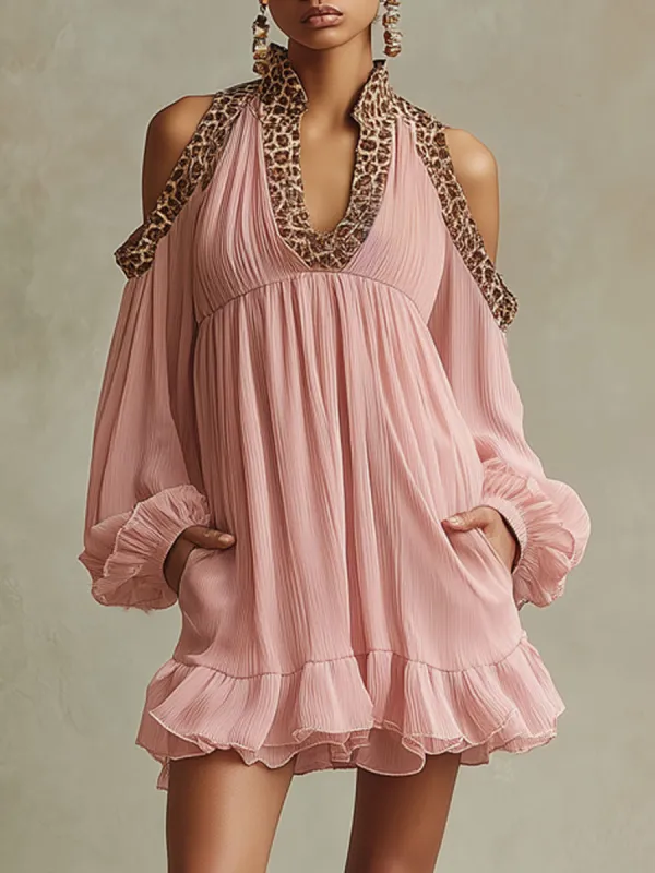 Vintage Leopard Print Pleated Pink Chiffon Openwork Long-sleeved Mini Dress sold by Oyrosy