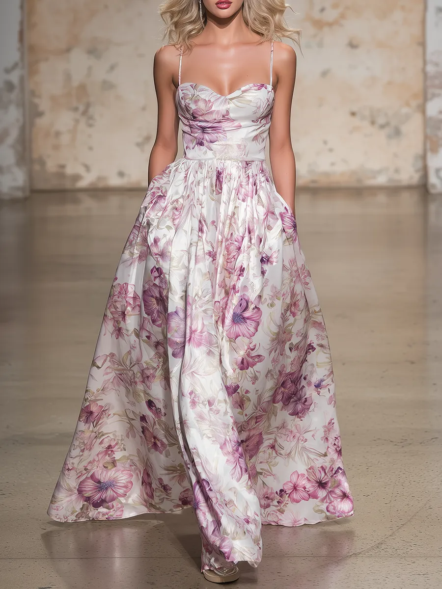 Romantic And Elegant Spaghetti Strap Floral Print Satin Maxi Dress sold by Oyrosy