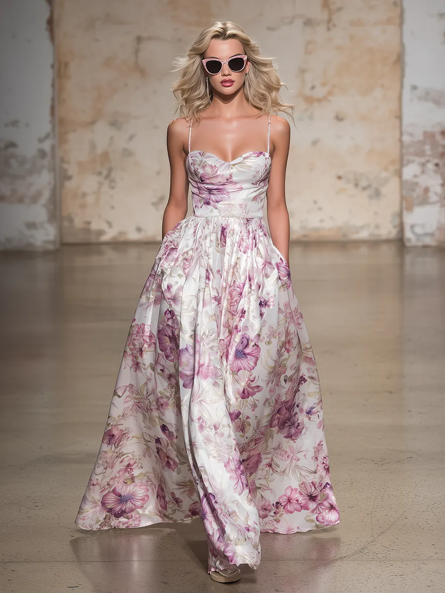 Romantic And Elegant Spaghetti Strap Floral Print Satin Maxi Dress sold by Oyrosy product image thumbnail 2