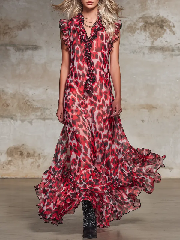 Loose-fitting Western-style Leopard Print Sleeveless Chiffon Maxi Dress sold by Oyrosy