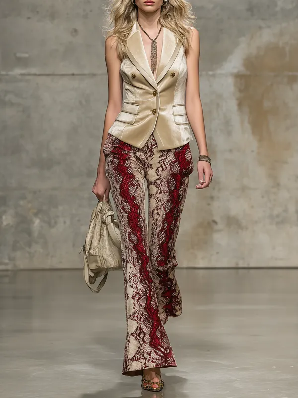 Stylish Western-style Velvet Vest And Gray Leopard Print Flared Pants Set made by Oyrosy