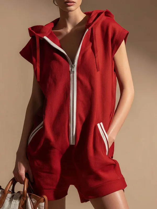 Hooded Zippered Color-blocked Double-pocket Sleeveless Short Jumpsuit made by Oyrosy