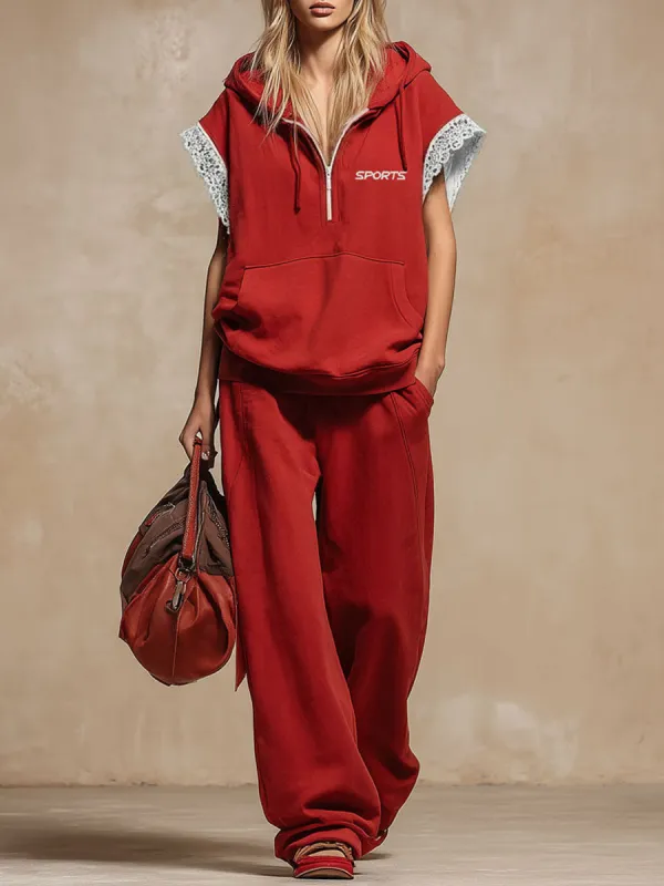 Hooded Lace-trimmed Sleeveless Top And Pants Set sold by Oyrosy