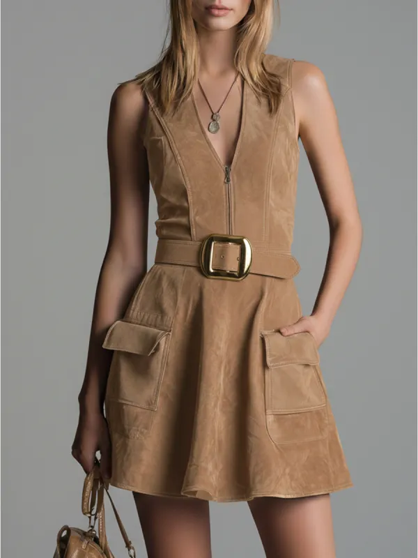 Vintage-style Fashionable V-neck Sleeveless A-line Faux Suede Mini Dress sold by Oyrosy