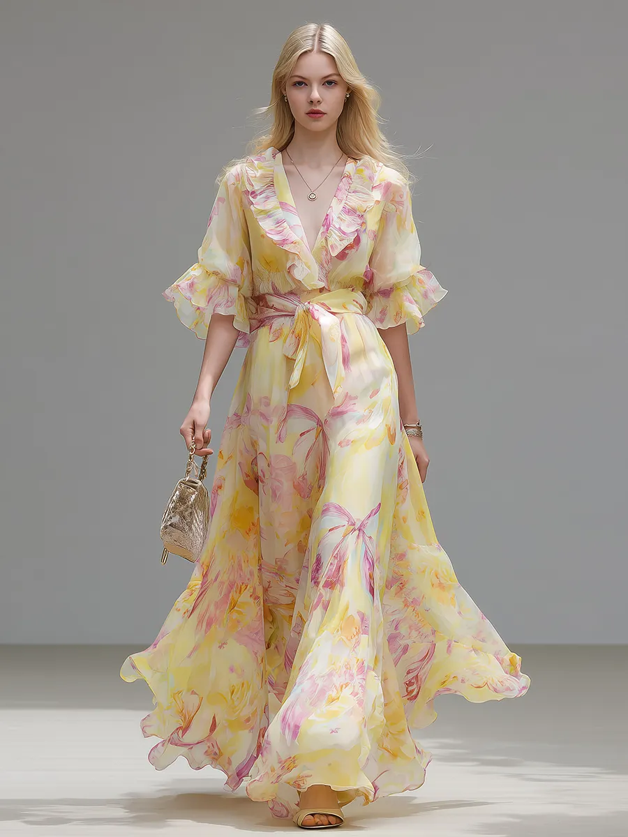 Elegant And Comfortable V-neck Ruffled Short-sleeved Long Dress sold by Oyrosy product image thumbnail 2