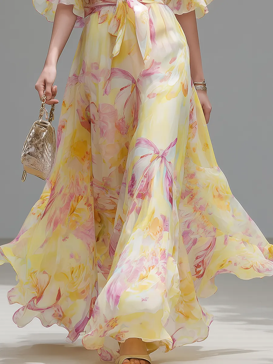 Elegant And Comfortable V-neck Ruffled Short-sleeved Long Dress sold by Oyrosy product image thumbnail 4