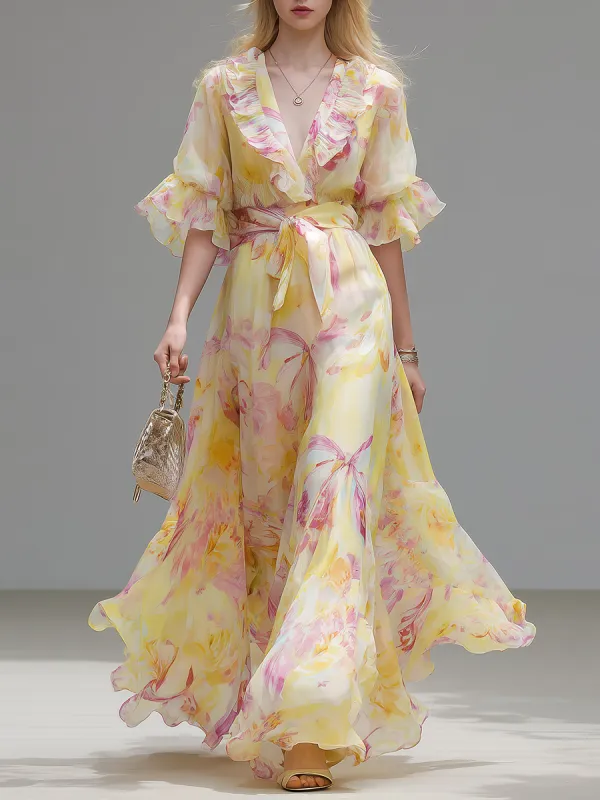 Elegant And Comfortable V-neck Ruffled Short-sleeved Long Dress sold by Oyrosy