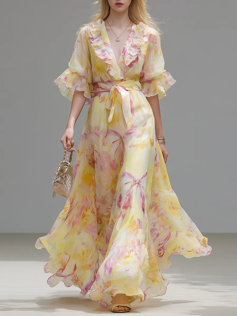 Elegant And Comfortable V-neck Ruffled Short-sleeved Long Dress sold by Oyrosy