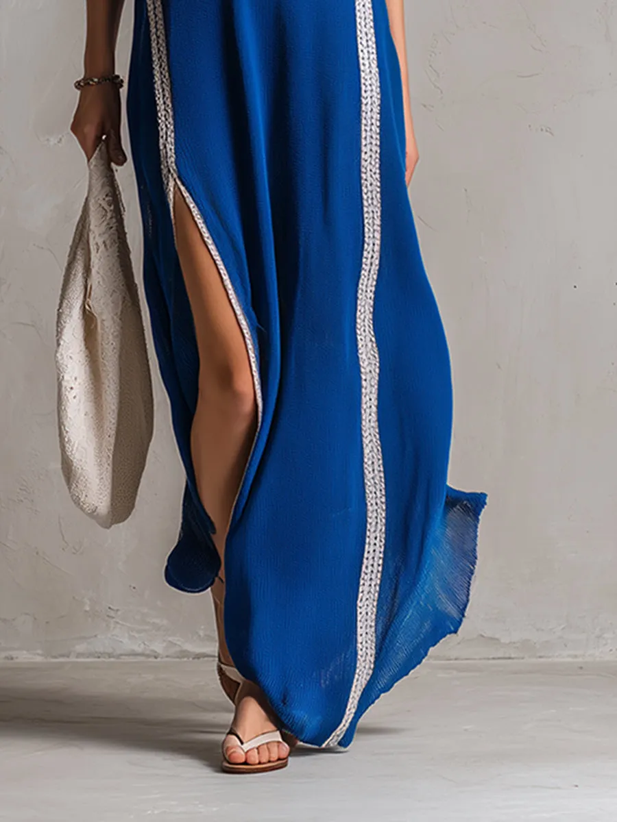 Stylish And Sporty Striped Royal Blue Lightweight Knit Sleeveless Maxi Dress sold by Oyrosy product image thumbnail 4