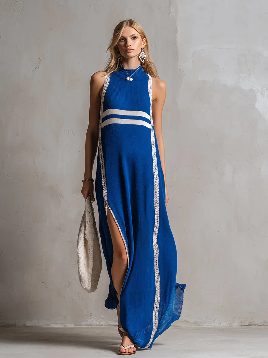 Stylish And Sporty Striped Royal Blue Lightweight Knit Sleeveless Maxi Dress sold by Oyrosy product image thumbnail 2