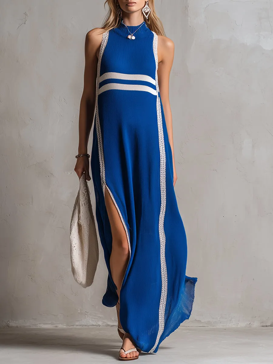 Stylish And Sporty Striped Royal Blue Lightweight Knit Sleeveless Maxi Dress sold by Oyrosy