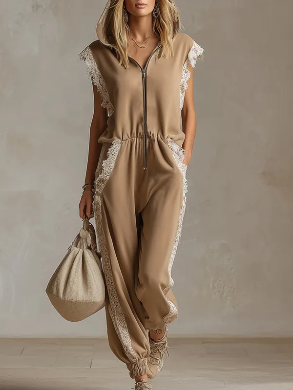 Stylish Sporty Lace-trimmed Khaki Hooded Sleeveless Jumpsuit sold by Oyrosy