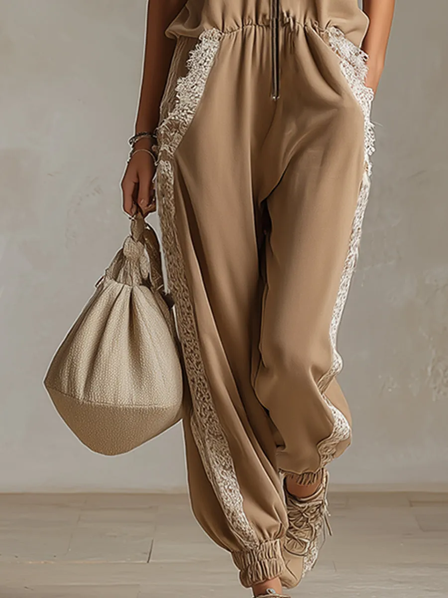 Stylish Sporty Lace-trimmed Khaki Hooded Sleeveless Jumpsuit sold by Oyrosy product image thumbnail 4