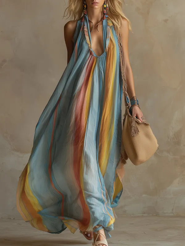 Romantic Vacation Blue Rainbow Print Chiffon Maxi Dress sold by Oyrosy