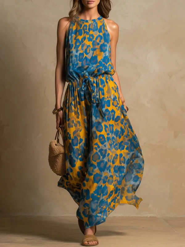 Leopard Print Round-neck Chiffon Sleeveless Maxi Dress sold by Oyrosy