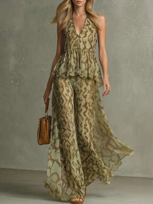 Retro Snake Print Chiffon Ruffled Tank Top And Wide-leg Pants Set sold by Oyrosy